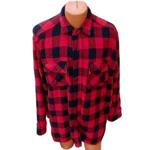 Vintage Sears Roebuck 1970s Red Black Plaid Thick Flannel Size XL Wool Shirt